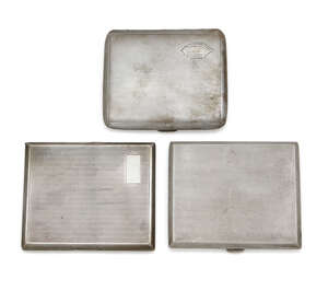 
	
		Three 1930s silver cigarette cases, each case of engine turned design with push button...