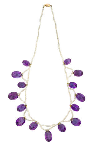 
	
		An amethyst and seed pearl necklace, the seed pearl necklace suspending a fringe of...