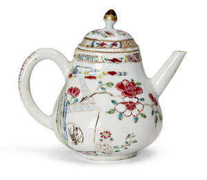 
	
		A small Chinese famille rose porcelain teapot, Yongzheng period, painted to one side of...