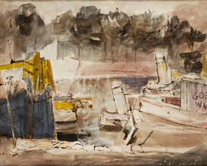 
	
		David Tindle RA, 
		British b.1932 - 
		 
		Barges on Lagoon, 1953; 
		 
		pen and brown...