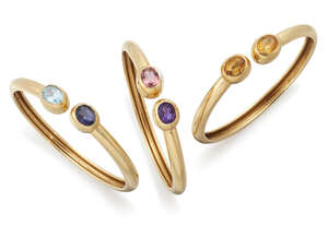 
	
		Kiki McDonough, three gem-set bangles, each of torque design, each signed KMcD, British...