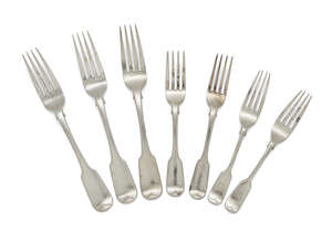 
	
		A harlequin set of nine Irish silver table forks, of fiddle pattern design with makers...