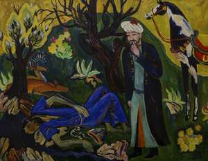 
	
		Alicher Mirzaiev, Russian b.1948- Man found unconscious in forest with animals; oil on...
