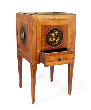 
	
		A Dutch satinwood and inlaid square tea comforter, late 18th century, boxwood banded...