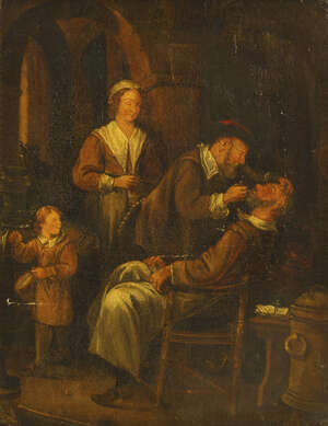 
	
		Manner of Adriaen Brouwer, mid/late 19th century- The dentist at work; oil on canvas,...