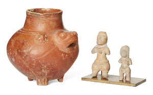 
	
		A Pre-Columbian red glazed pottery tripod vessel, with moulded frog head handle flanked...
