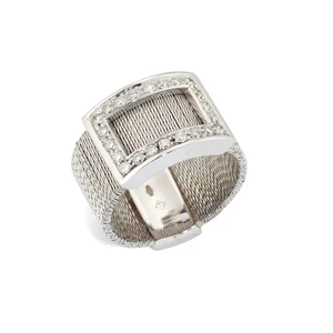 A diamond set ring, with a brilliant-cut diamond set openwork buckle form panel, to wrapped...