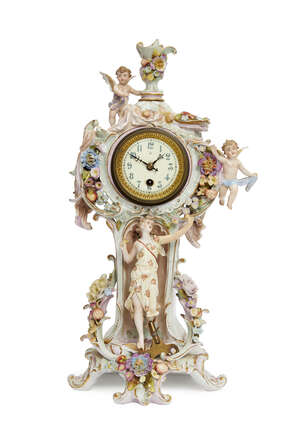 
	
		A Sitzendorf porcelain clock, late 19th/early 20th century, the case of architectural...