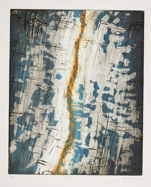 
	
		Hector Saunier,
		Argentinean b. 1936-
		 
		Rift, 1978;
		 
		engraving in colours on...
