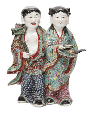 
	
		A Chinese porcelain figure group of the He He Erxian twins, Republic period, painted in...