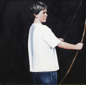
	
		Gerard M Burns, 
		Scottish b.1961-
		 
		Boy with Arrow;
		 
		oil on canvas,...
