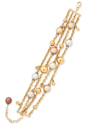 A South Sea cultured pearl and diamond bracelet, the four row bracelet designed as a series of...