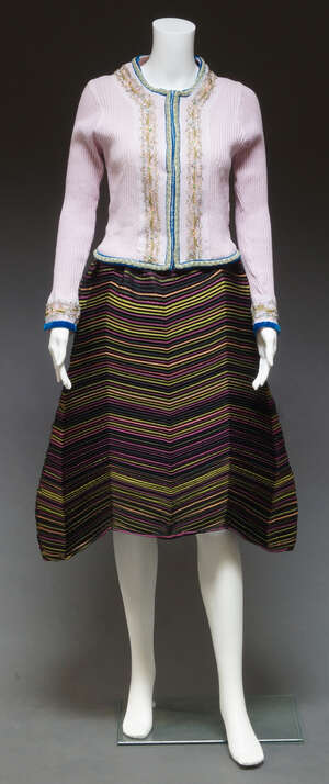 
	
		Issey Miyake, a multi-colour tight pleated structured skirt, with shaped hem, labelled...