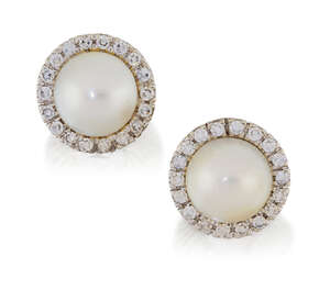 
	
		A pair of cultured pearl and diamond earrings, each set with a central mabe cultured...