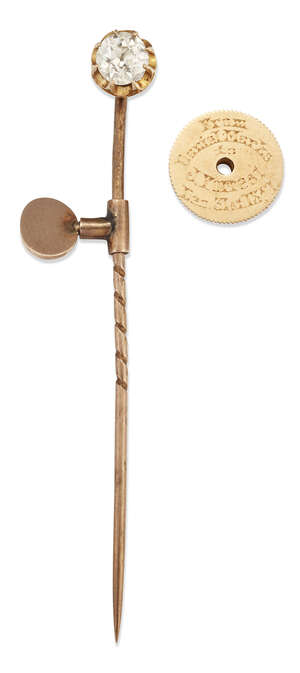 A Victorian, diamond single stone stickpin, the old-brilliant-cut diamond, in scalloped claw mount, detachable for wear as a dress stud, in fitted case