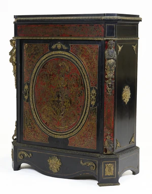 A French gilt metal mounted tortoiseshell and brass marquetry ebonised pier cabinet, in the...