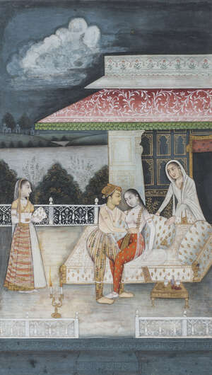
	
		A Prince and his mistress at night, Oudh, India, 19th century, gouache on paper...