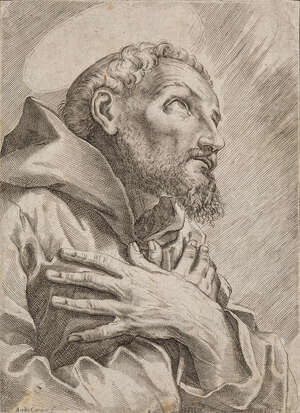 Attributed to Luca Ciamberlano, Italian fl.1599-1641- 
		 
		Saint Francis of Assisi in Prayer; 
		 
		engraving, bears signature within the plate, 17.8x