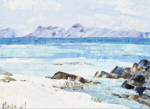 
	
		Frances Macdonald, 
		Scottish b.1945 - 
		 
		Eigg and Rhum from Arisaig; 
		 
		
