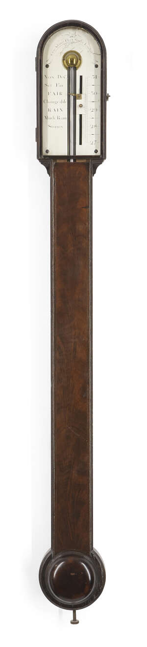 
	
		A George III mahogany stick barometer, by George Adams, London, c.1760, the arched case...