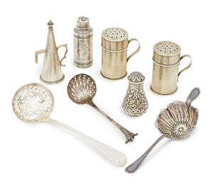 A pair of Victorian silver pepper cans, London c.1885, G H James & Co (George Henry James) together with a Sterling silver pepper, a further pepper, a sifting 