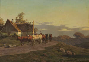 
	
		Attributed to Carl Frederick Bartsch, 
		Danish 1829-1908- 
		Cattle being herded by a...