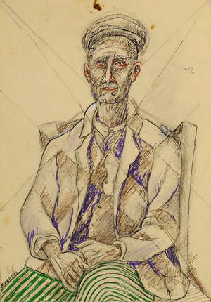 
	
		Marie Vorobieff Marevna, Russian 1892-1984- Peasant, 1951; charcoal, coloured felt-tip pens,...