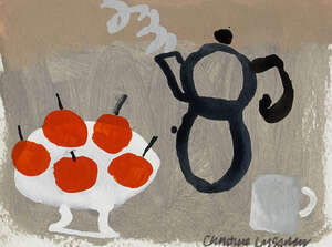 
	
		Christine McArthur, 
		Scottish b. 1953- 
		 
		Still life of red apples and a coffee...