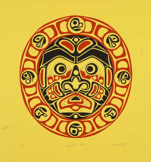 
	
		Richard Hunt, Canadian b.1951- Kwakiutl Moon, 1980; screenprint in black and red on yellow...