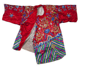 
	
		A Chinese silk ruby ground robe, late Qing dynasty, embroidered with roundels of dragons...