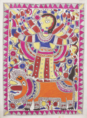 
	
		A signed Madhupani painting of Durga on her lion, Mithila, Bihar, India, opaque pigments...