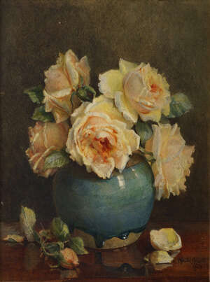 
	
		Maude Angell, 
		British act.1888-1924- 
		 
		Still life of roses in a vase,...