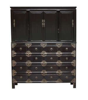 
	
		A large Chinese black lacquered wood cabinet, early 20th century, the upper section with...