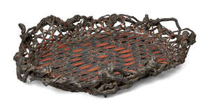 
	
		A large Japanese bamboo and root wood tray basket, 19th Century, suiban form with flat...