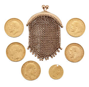 
	
		A group of  five sovereigns a French gold five-francs, and a 9ct gold mesh sovereign...