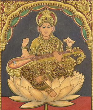 
	
		A Tanjore painting, South India, 20th century, of a seated deity with sitar, 38 x 29cm....