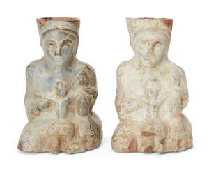 
	
		Two Chinese pottery figural vessels, Han dynasty, each glazed in tones of green, modelled...