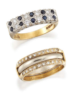 
	
		Two diamond-set rings, comprising: a sapphire and diamond two row half-hoop alternately...