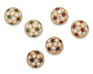 
	
		Cartier, three pairs of diamond and gem-set ear studs, by Cartier, each pave-set with...