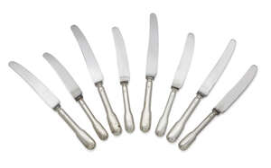 
	
		Two sets of eight each silver handled dessert and table knives, Sheffield. c.1976, Cooper...