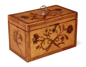 
	
		A George III satinwood inlaid oblong two-division tea caddy, with silver loop handle,...