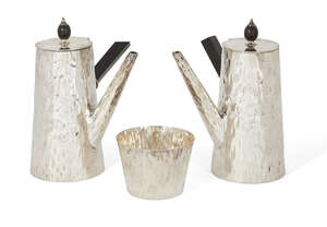 
	
		A Hukin & Heath electroplated three-piece café au lait set in the manner of Dr....