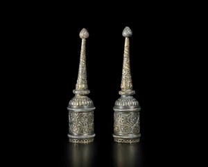 A pair of repousse silver gilt fly-whisks (chauri) handles, Rajasthan, North India, 19th...