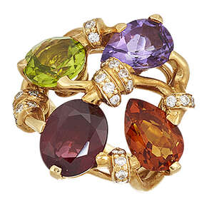
	
		A diamond and gem quatrefoil ring, by Chanel, of openwork design, set with pear-shaped...