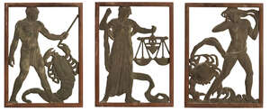 
	
		C.A Llewellyn Roberts, three brass Zodiac panels used for Selfridges lifts
		c.1928 
		