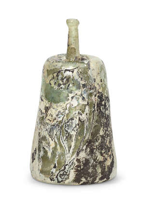 
	
		A Byzantine iridescent stemmed glass lamp, 6th century or later, made in thick...