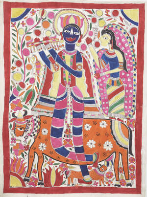 
	
		A signed Madhupani painting of Krishna fluting with Radha, a cow and her calf, Mithila,...