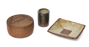 
	
		Janet Leach (1918-1997), a lidded container 
		c.1965, impressed pottery and personal...