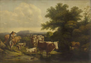 
	
		Manner of Paulus Potter, 
		Dutch, mid 19th century- 
		Cattle and goats watering; 
		