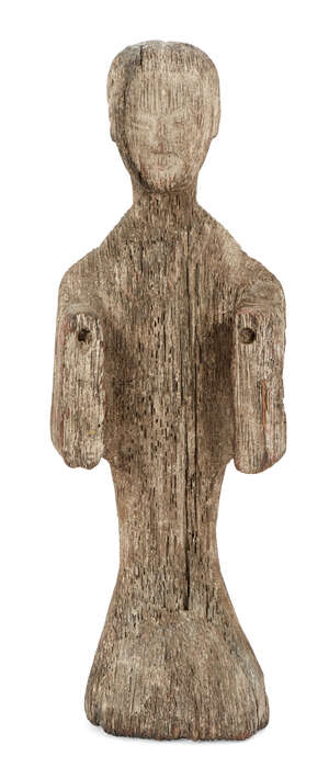 
	
		A Japanese carving of a monk, Edo Period, sculpted from a single block of wood, posed...
